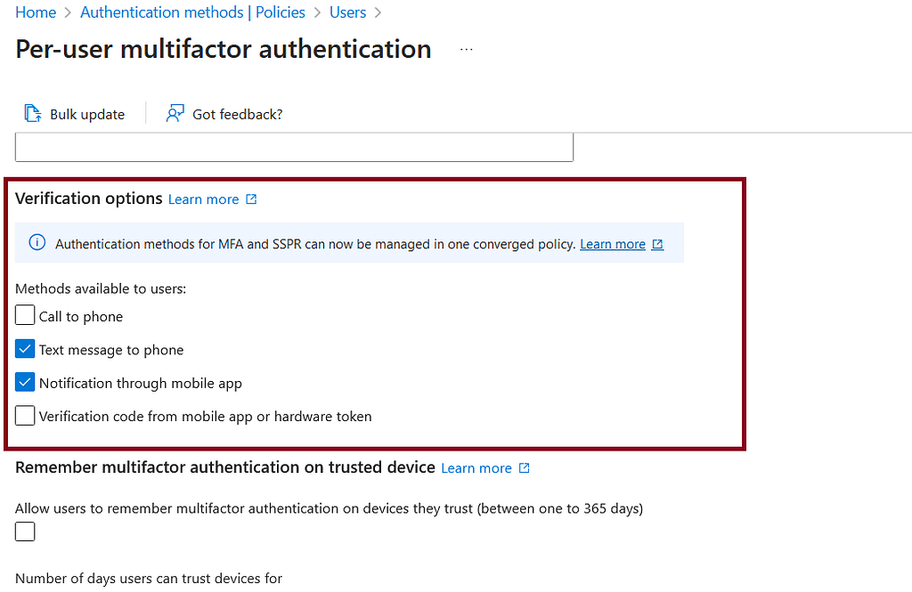 verification options under per-user MFA settings that control which MFA methods are available for users to register.