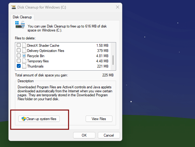 Clean up system files button in DIsk cleanup window