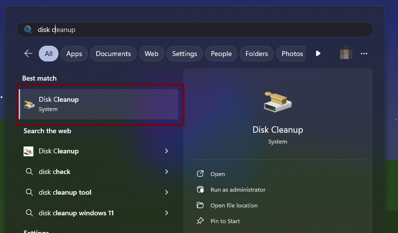 screenshot showing opening Disk cleanup in windows search